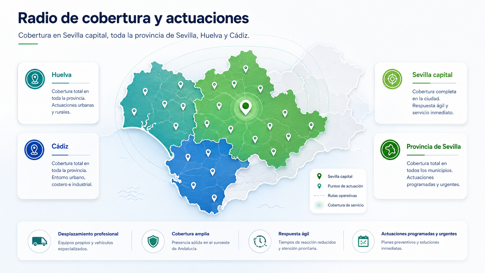 Radio de cobertura y actuaciones de Legionella Sevilla: Sevilla capital, toda la provincia de Sevilla, Huelva y Cádiz