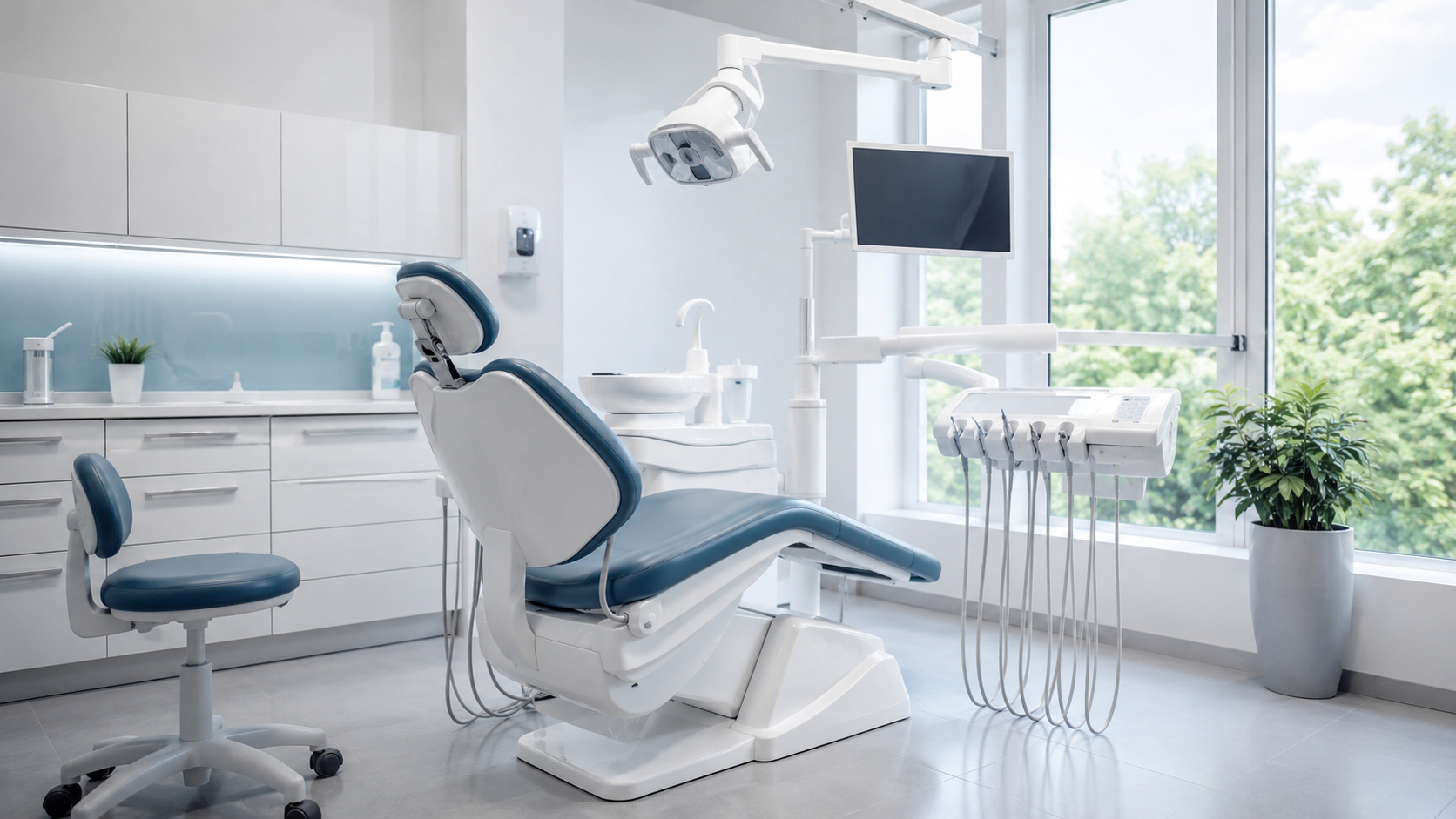 Clínica dental con sillón odontológico y circuitos de agua