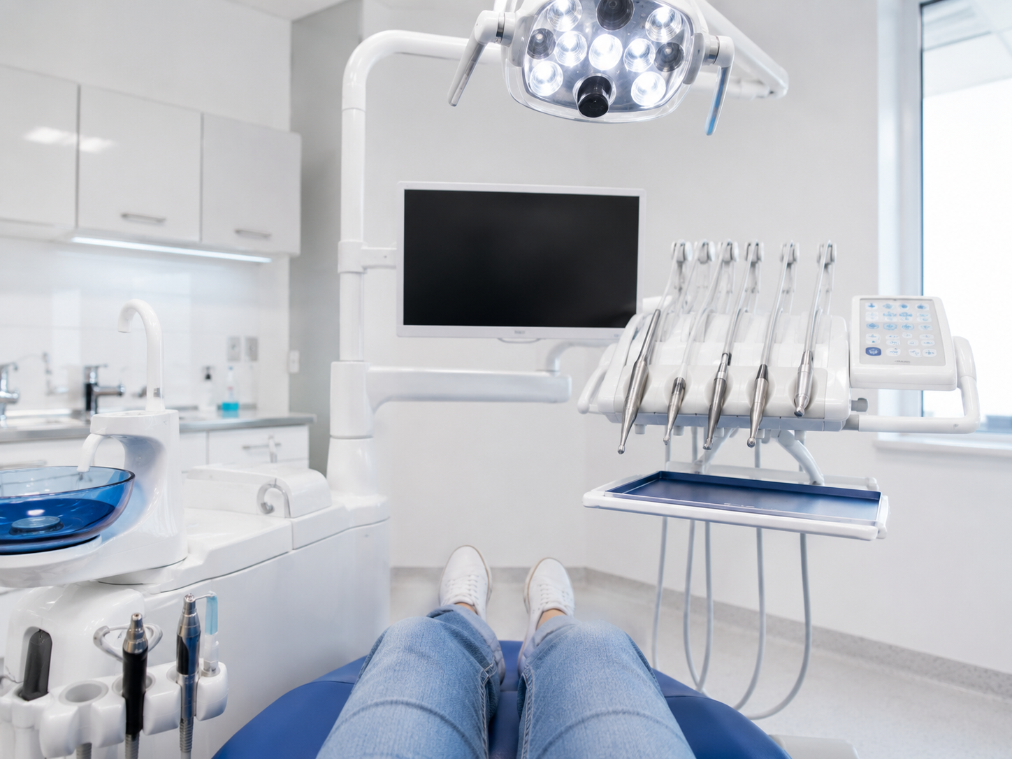 Gabinete dental con sillón, instrumental rotatorio y escupidera
