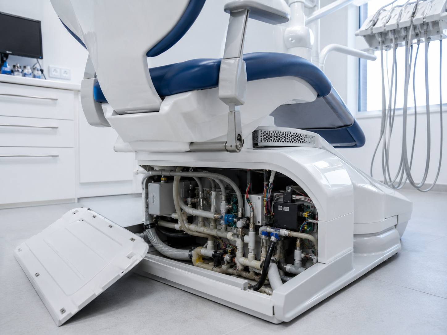 Interior hidráulico de un sillón dental con tuberías, válvulas antirretorno y electrónica