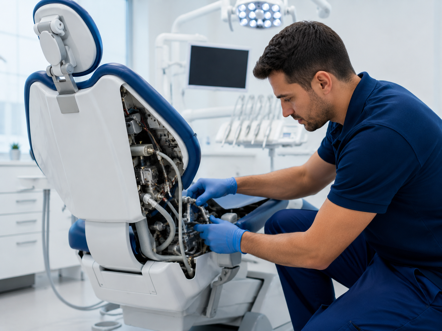 Técnico revisando los circuitos hidráulicos internos de un sillón dental