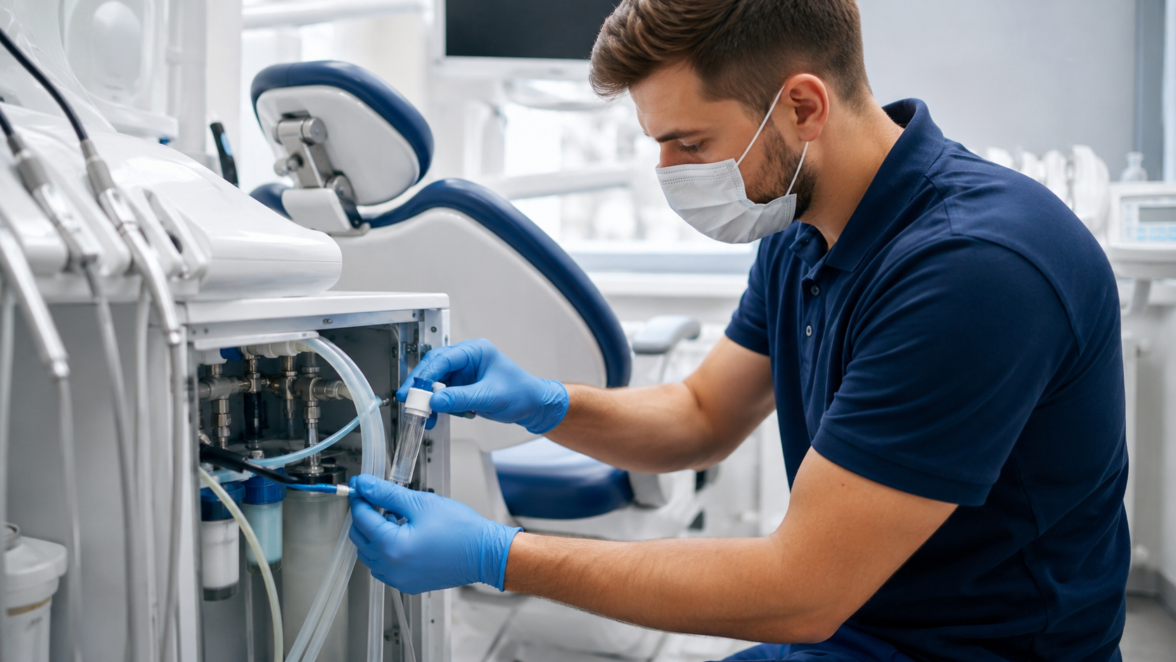 Técnico revisando circuitos hidráulicos de sillón dental