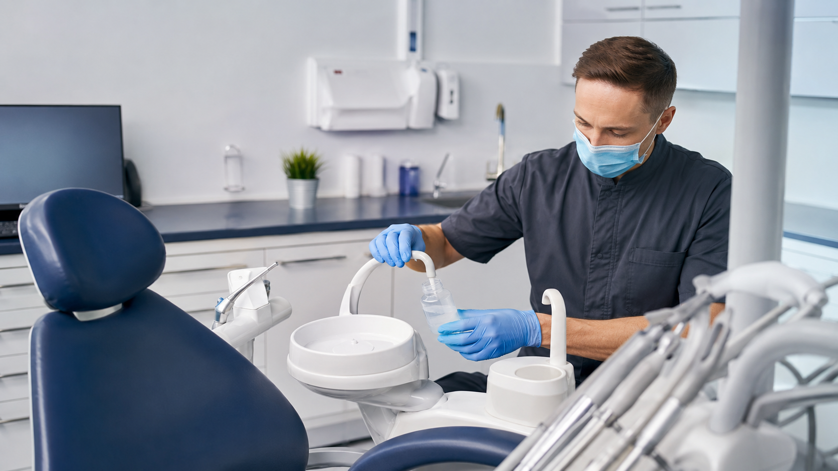 Desinfección de escupidera y circuito de agua de sillón dental