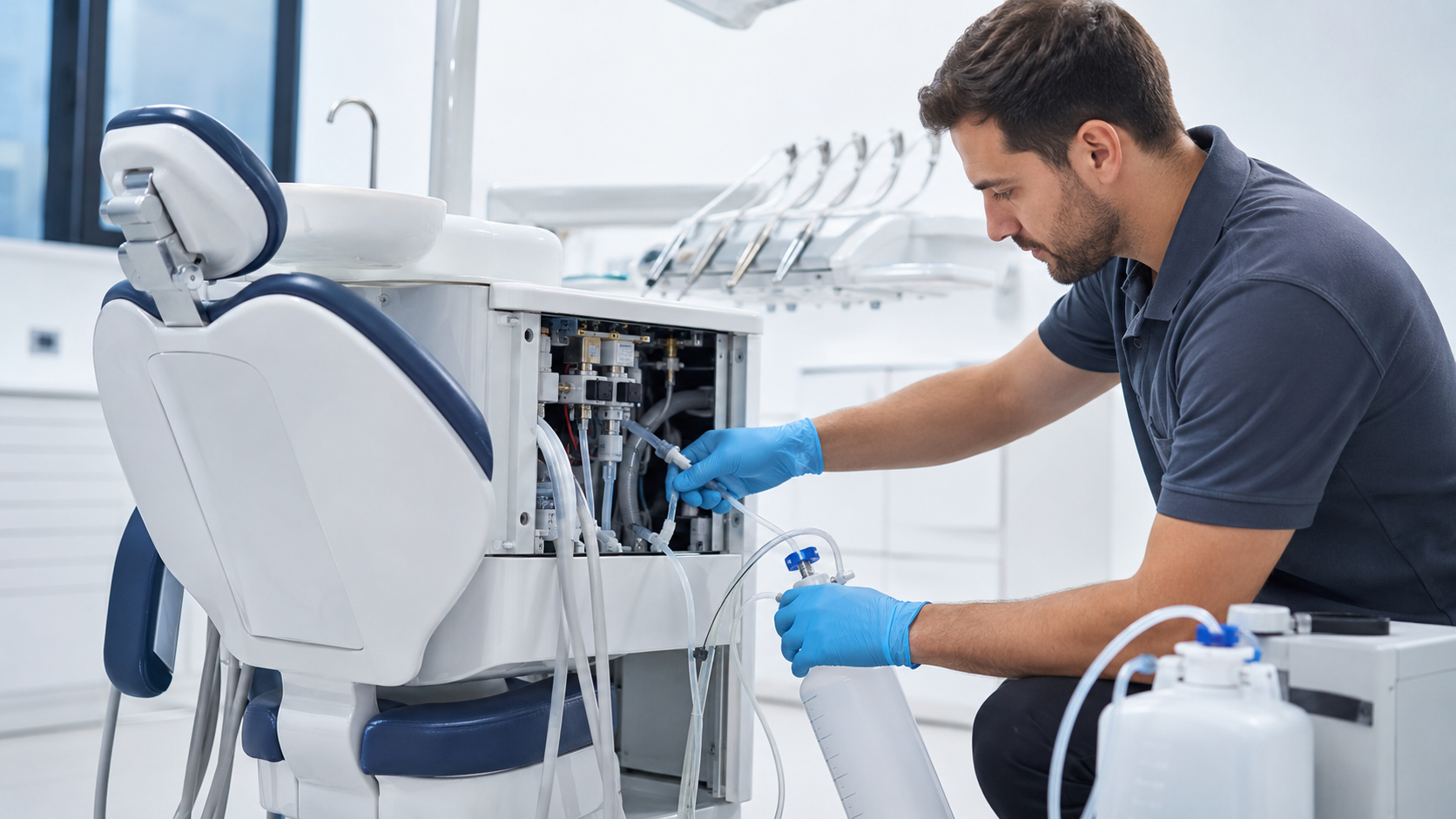 Técnico tomando muestra de agua en escupidera de sillón dental para control de Legionella