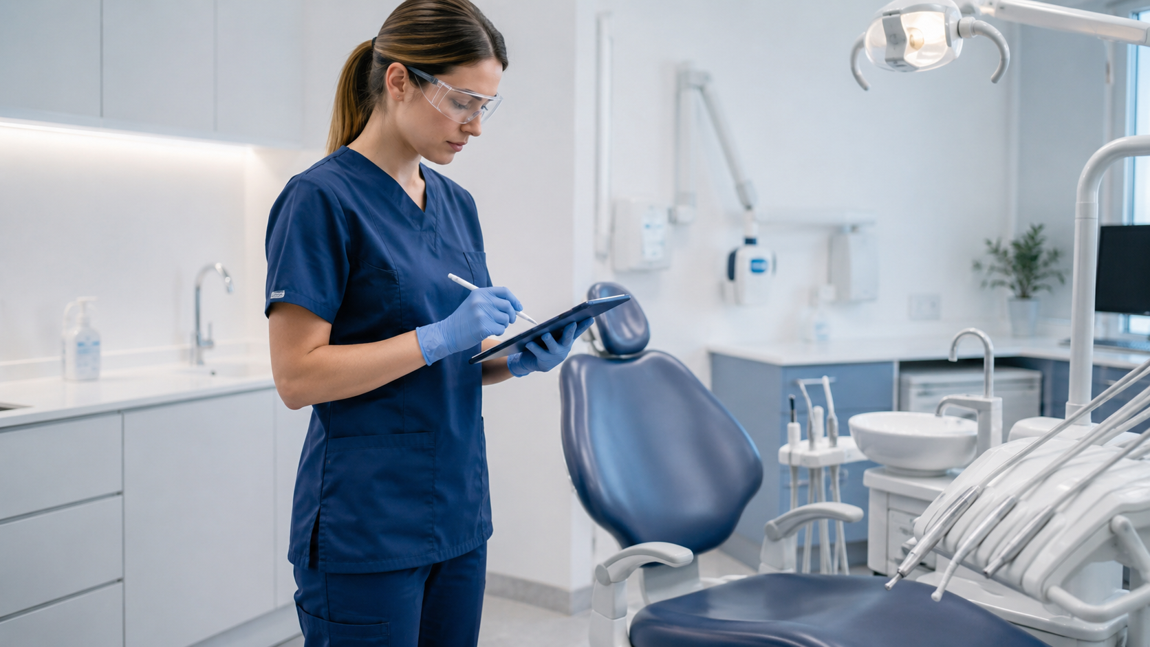 Técnico de sanidad ambiental revisando documentación en clínica dental