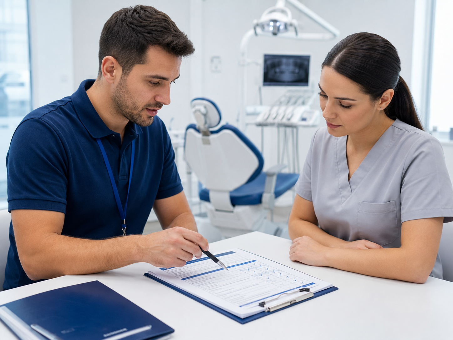Técnico de Legionella Sevilla explicando el reparto de responsabilidades y la documentación a la titular de una clínica dental